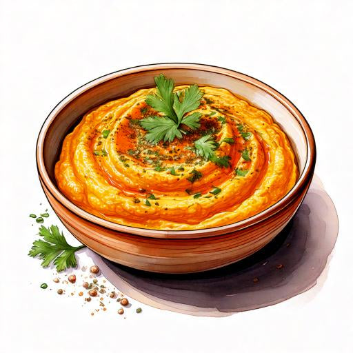 Watercolour sketch of a bowl of madras hummus
