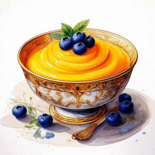 Watercolour sketch of a bowl of mango mousse with fresh blueberries