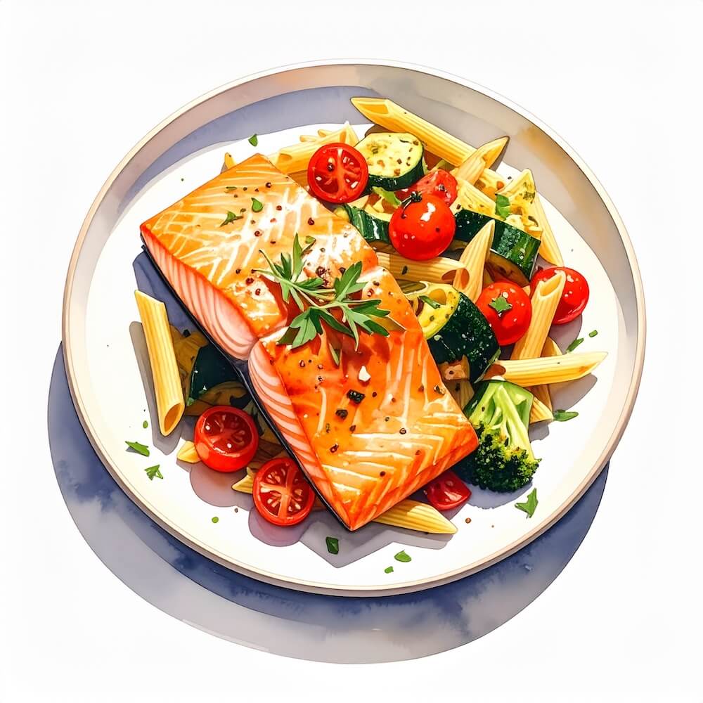 Mediterranean salmon with roast tomatoes, penne and sautéed vegetables