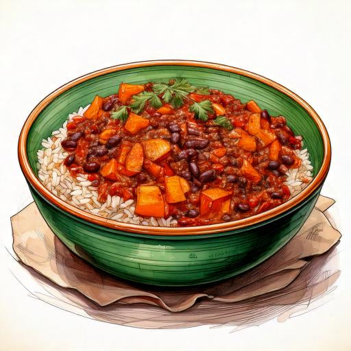 Watercolour sketch of a bowl of Mexican three bean and sweet potato chilli with wild rice