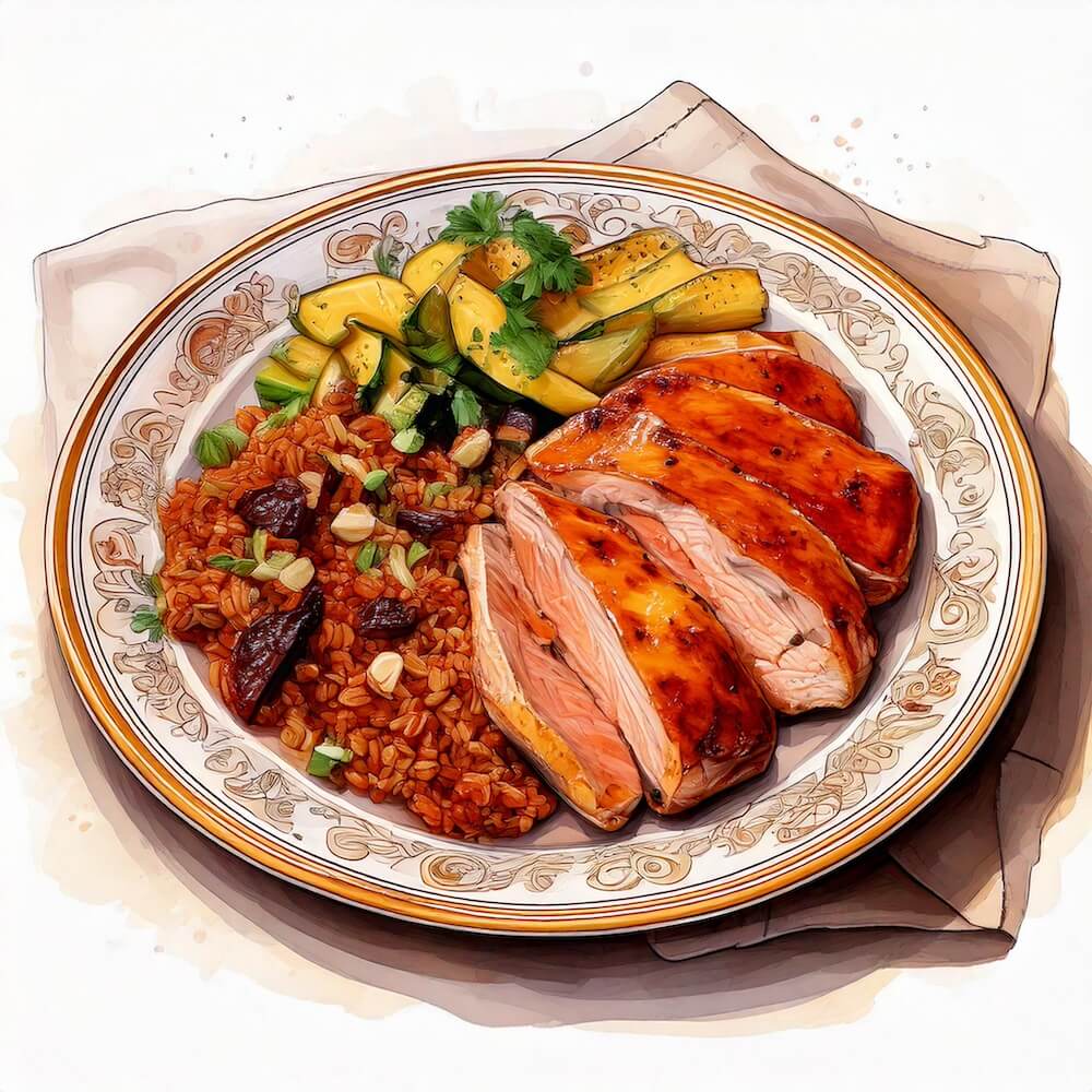 Watercolour sketch of a plate of Moroccan roast chicken with dates and almonds, herbed bulgar wheat and grilled courgette