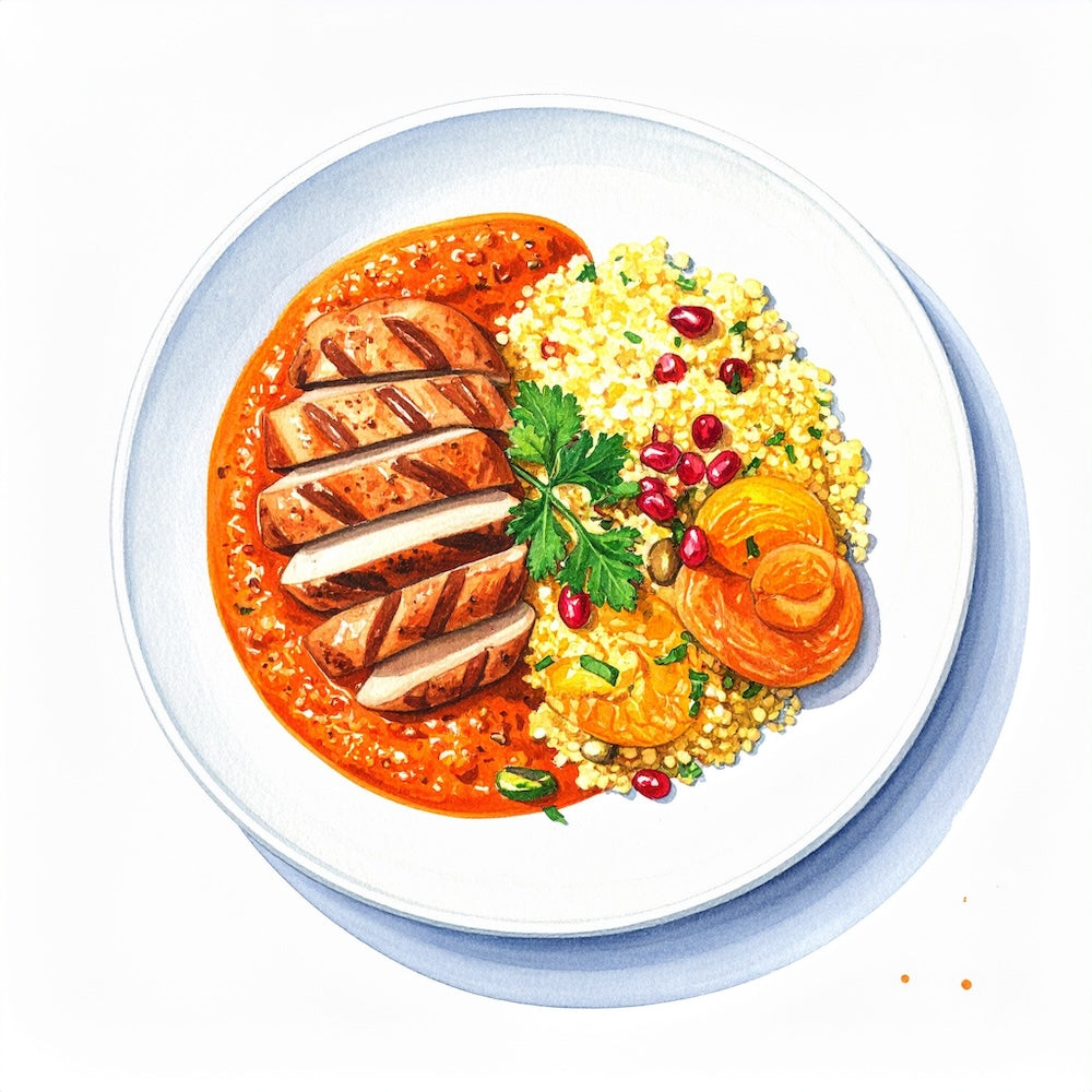 Moroccan chicken with tomato, apricot sauce and jewelled couscous