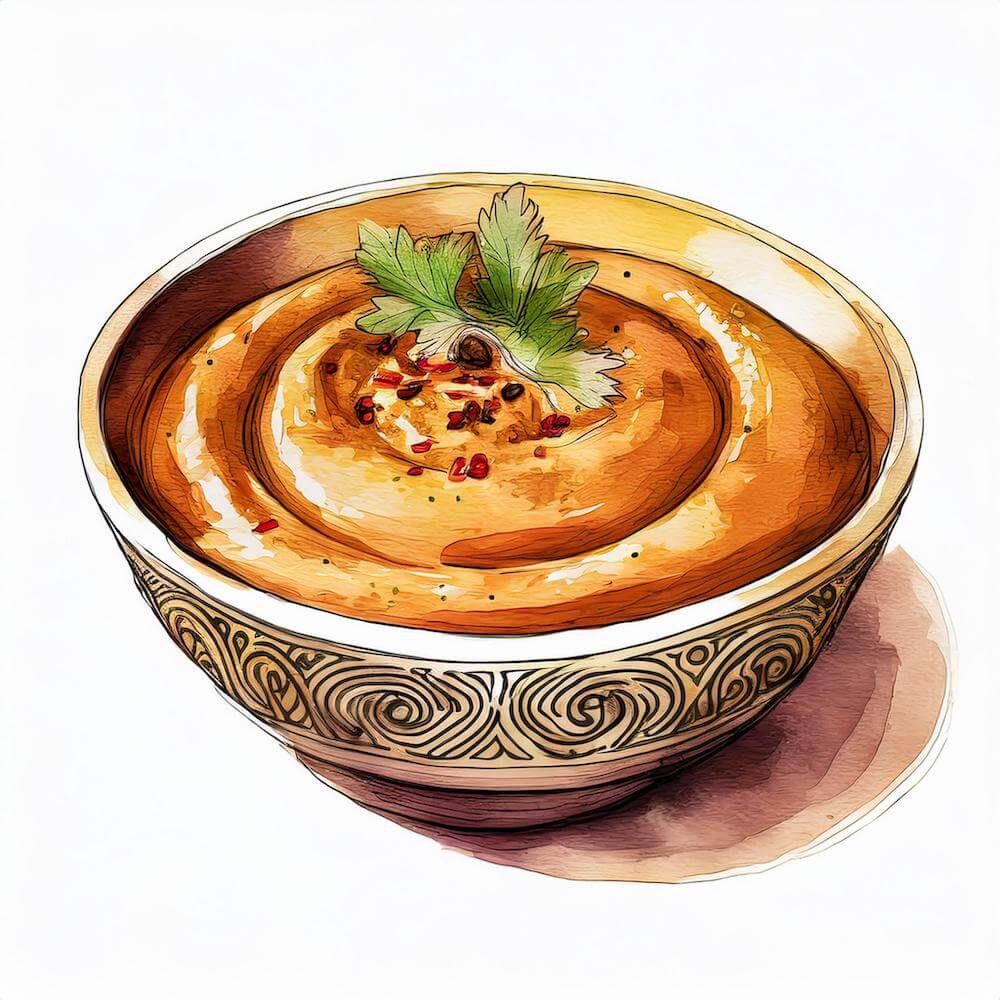 Watercolour sketch of a bowl of muhammara dip