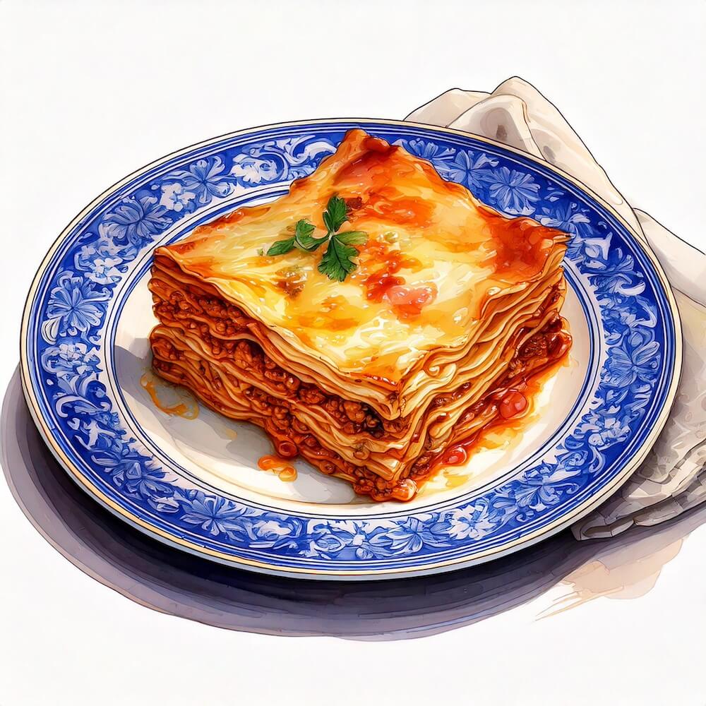 Watercolour sketch of a plate with a slice of roast Mediterranean vegetable lasagne