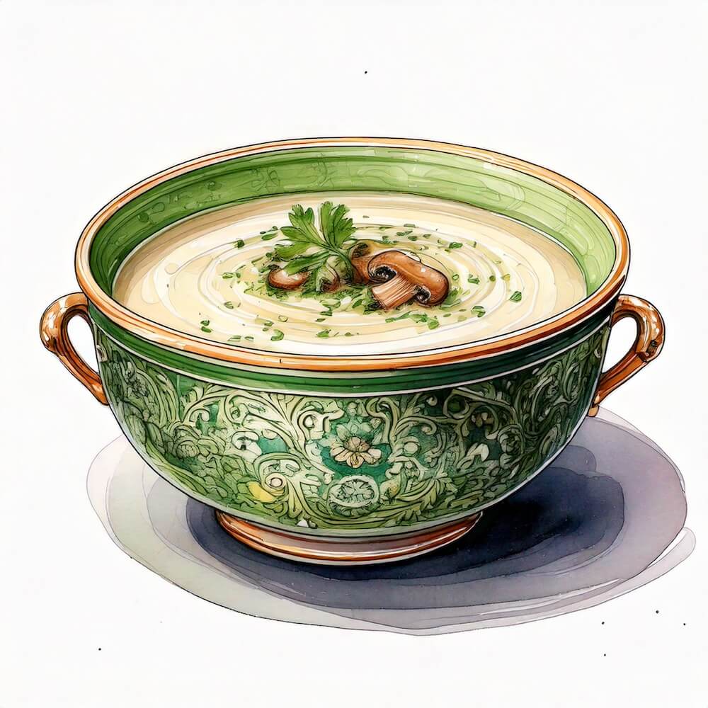 Watercolour sketch of an ornate green and white bowl of mushroom soup