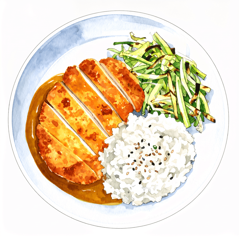 Naked chicken katsu curry with sesame rice and charred cabbage (gf)