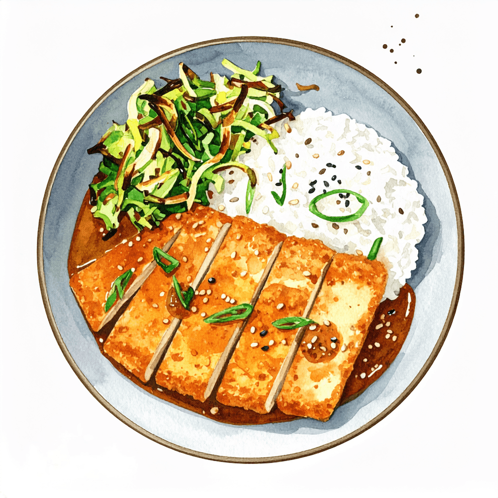 Naked tofu katsu curry with sesame rice and charred cabbage (v) (gf)