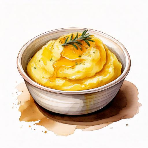 Watercolour sketch of a bowl of olive oil mash