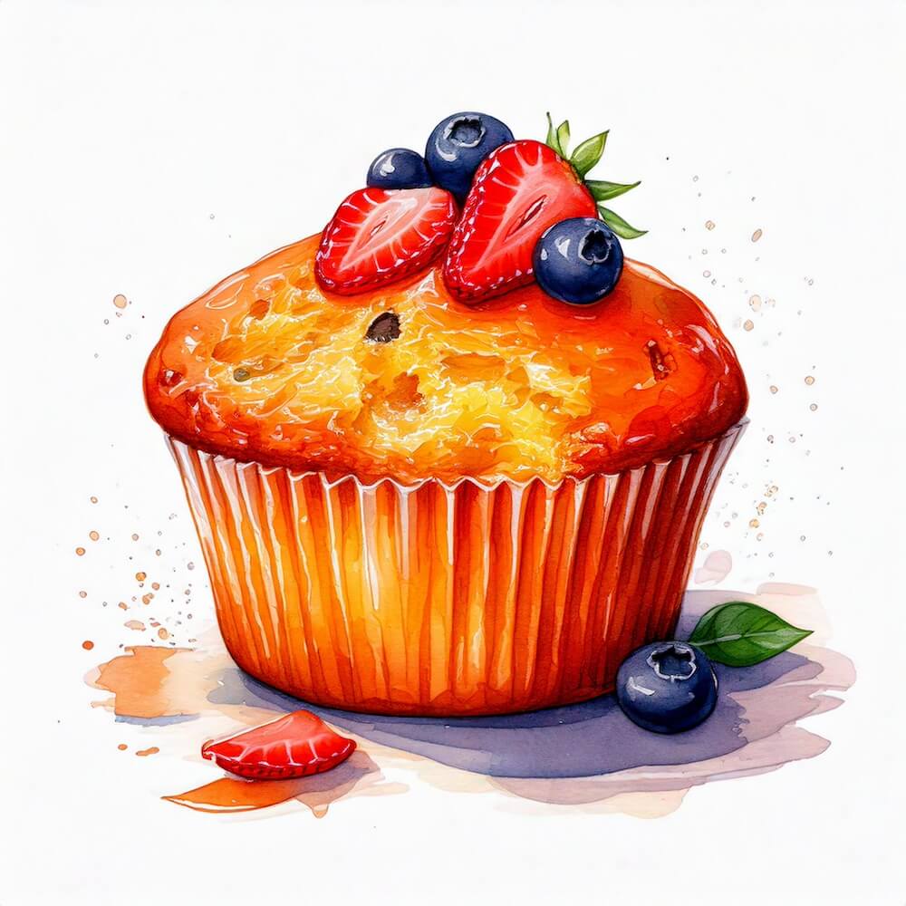 Watercolour sketch of an Algarvian orange and almond cake with fresh berries