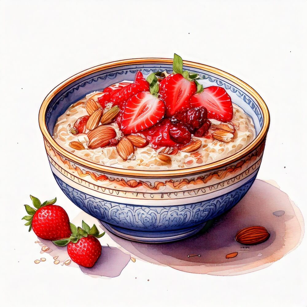 Watercolour sketch of a bowl of overnight oats with almond milk, strawberries and dates