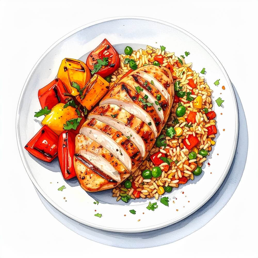 Paprika grilled chicken breast with vegetable rice and roast peppers (gf)