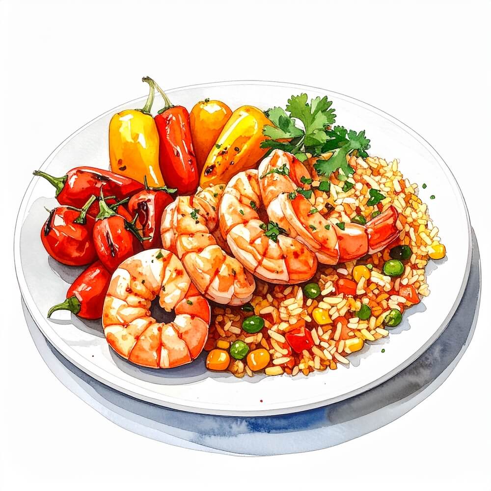 Paprika grilled prawns with vegetable rice and roast peppers (gf)