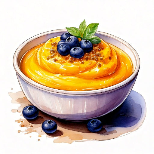 Watercolour sketch of a bowl of passion fruit mousse with fresh blueberries