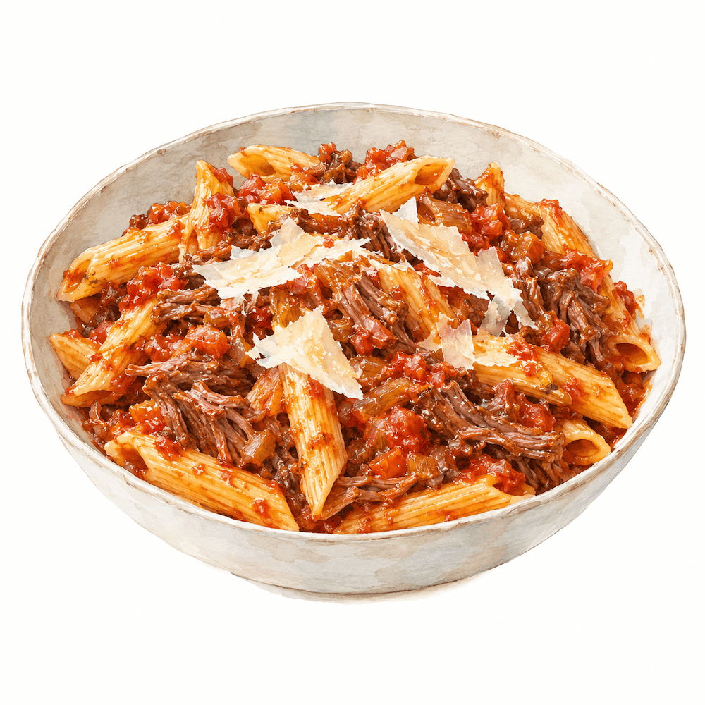Slow beef ragu with penne with parmesan