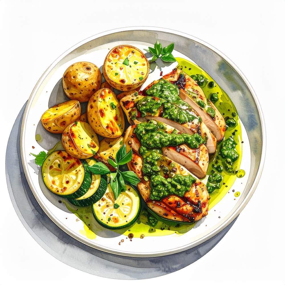 Pesto chicken breast with roast new potatoes and sauteed courgette (gf)