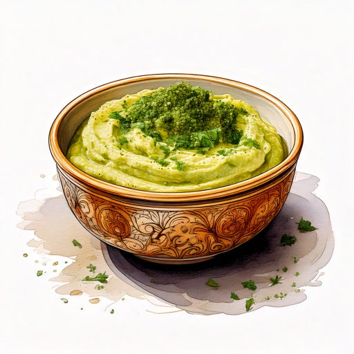 Watercolour sketch of a bowl of classic hummus with pesto topping