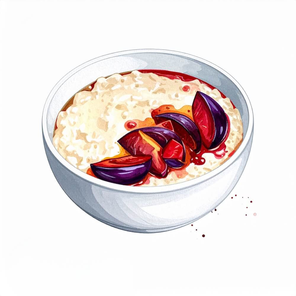 Vanilla rice pudding with roasted plums (v) (gf)
