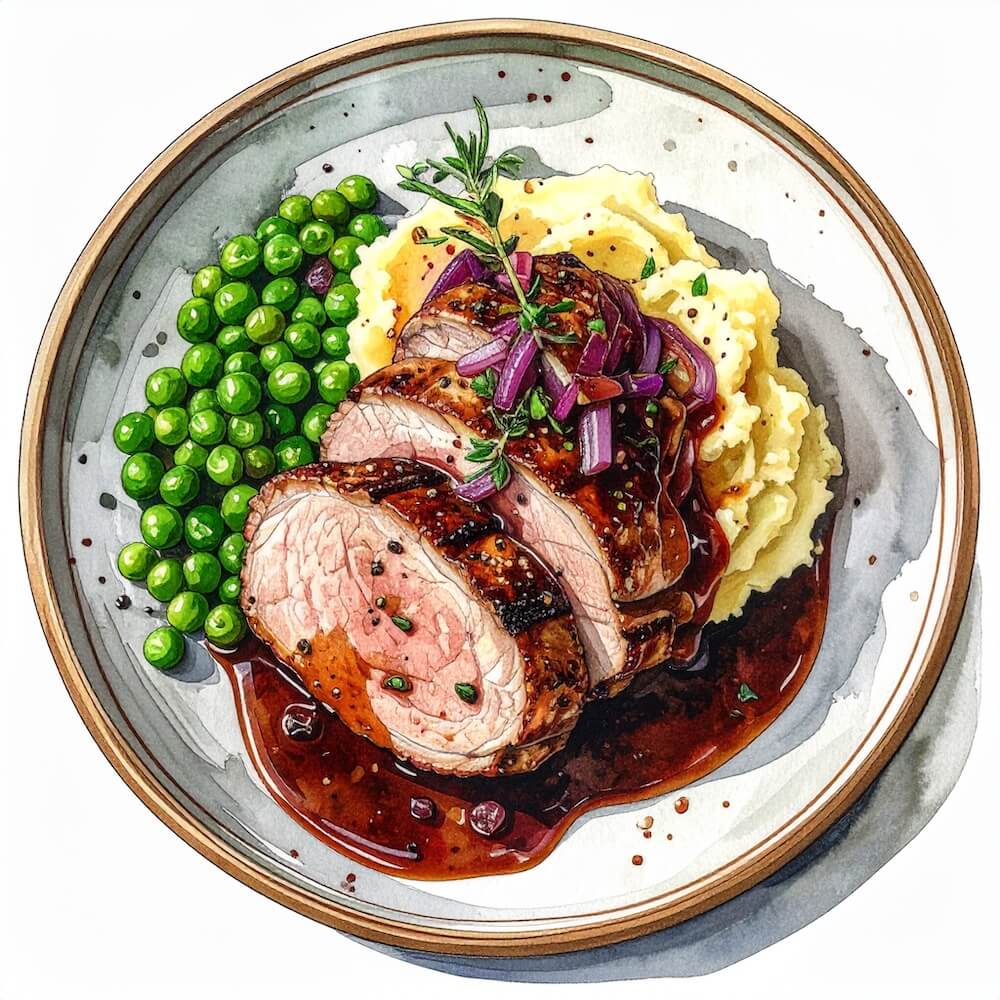 Plated dish with sliced meat, mashed potatoes, and peas on a decorative plate.