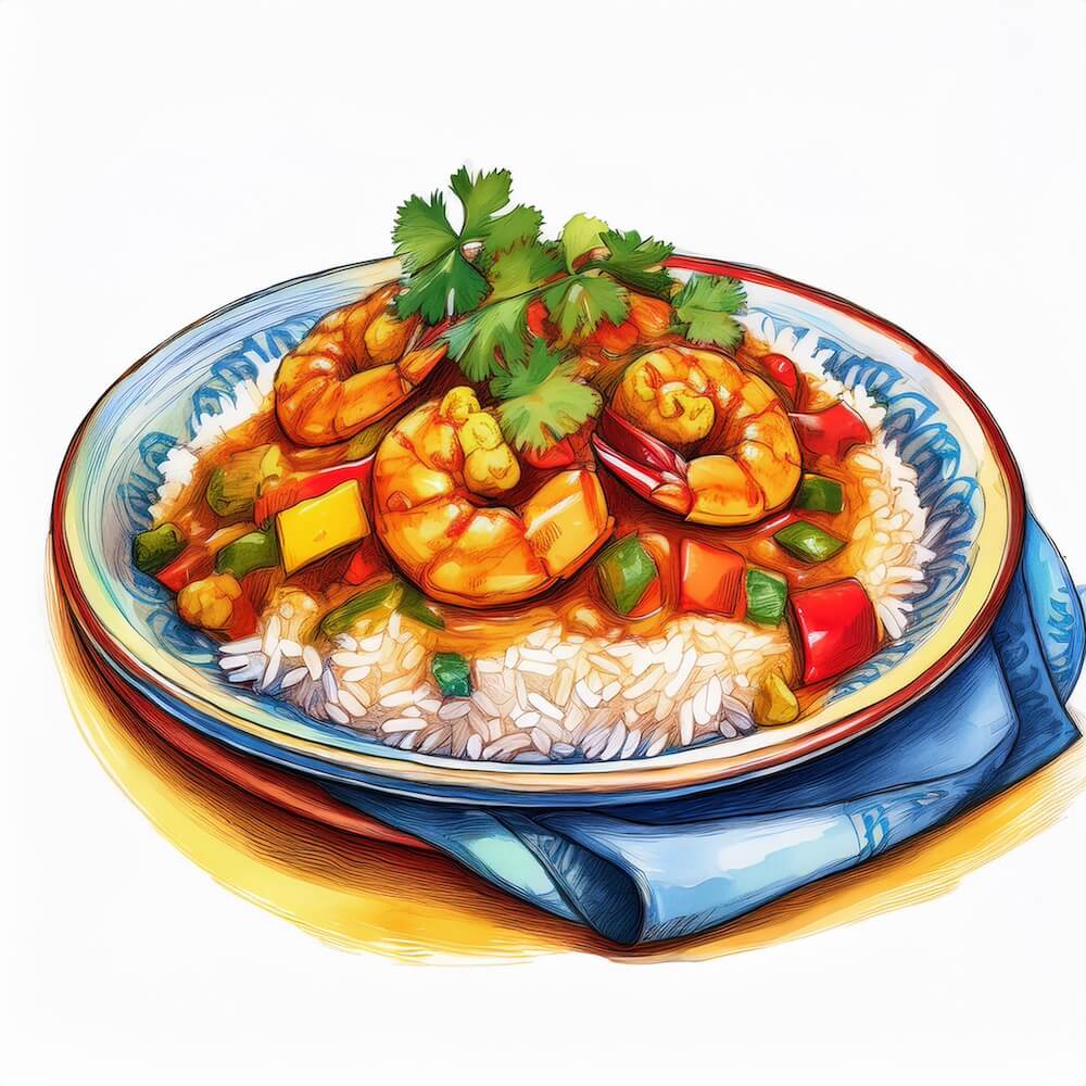 Watercolour sketch of a plate of Portuguese prawn curry with mixed peppers, jasmine rice and coriander