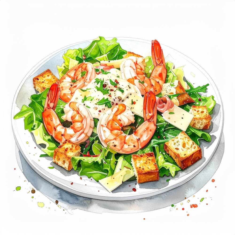 Grilled prawn caesar salad with crispy proscuitto and classic parmesan dressing