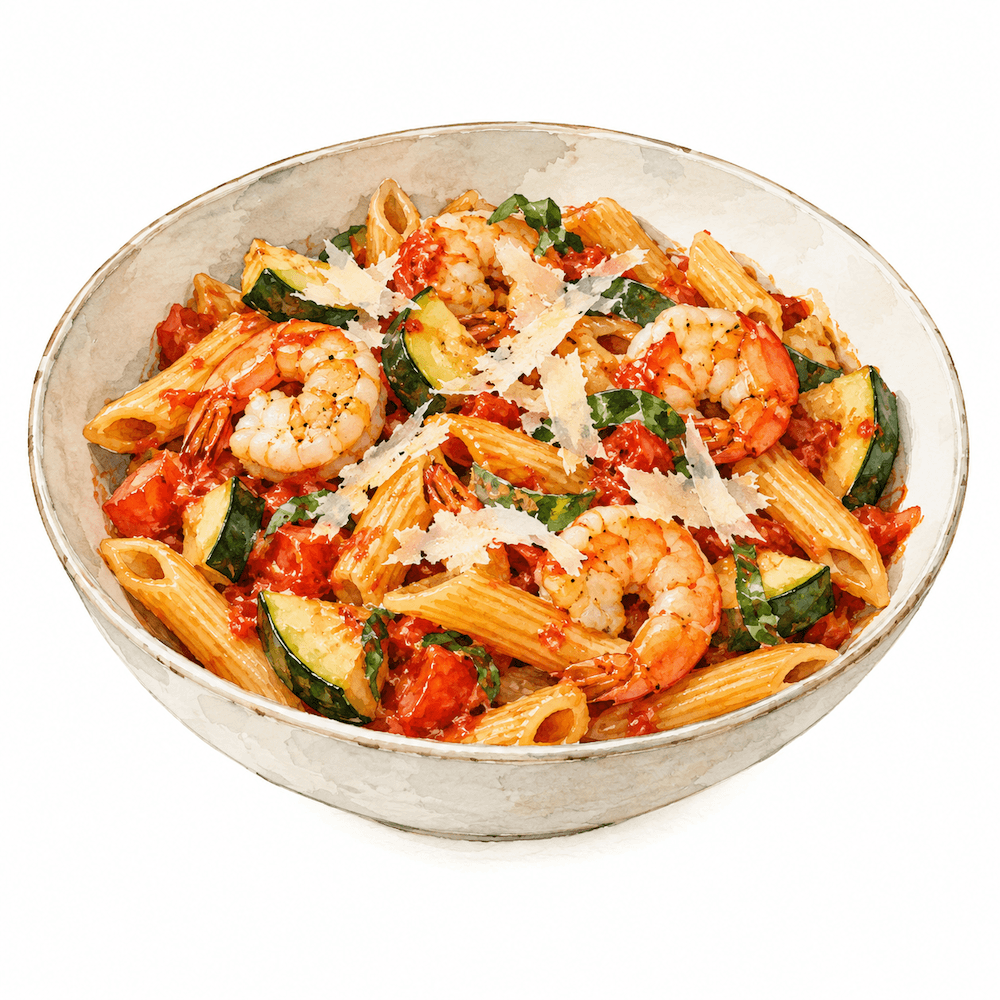 Prawn, courgette and tomato penne with parmesan