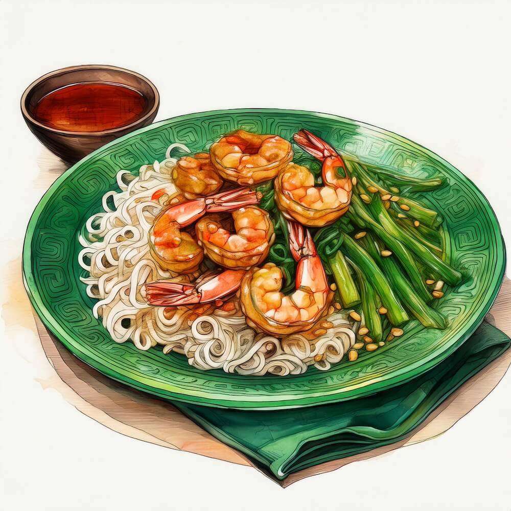 Watercolour sketch of a plate of prawn and ginger stir fry with rice noodles, sesame green beans and a small bowl of sweet chilli sauce to the side