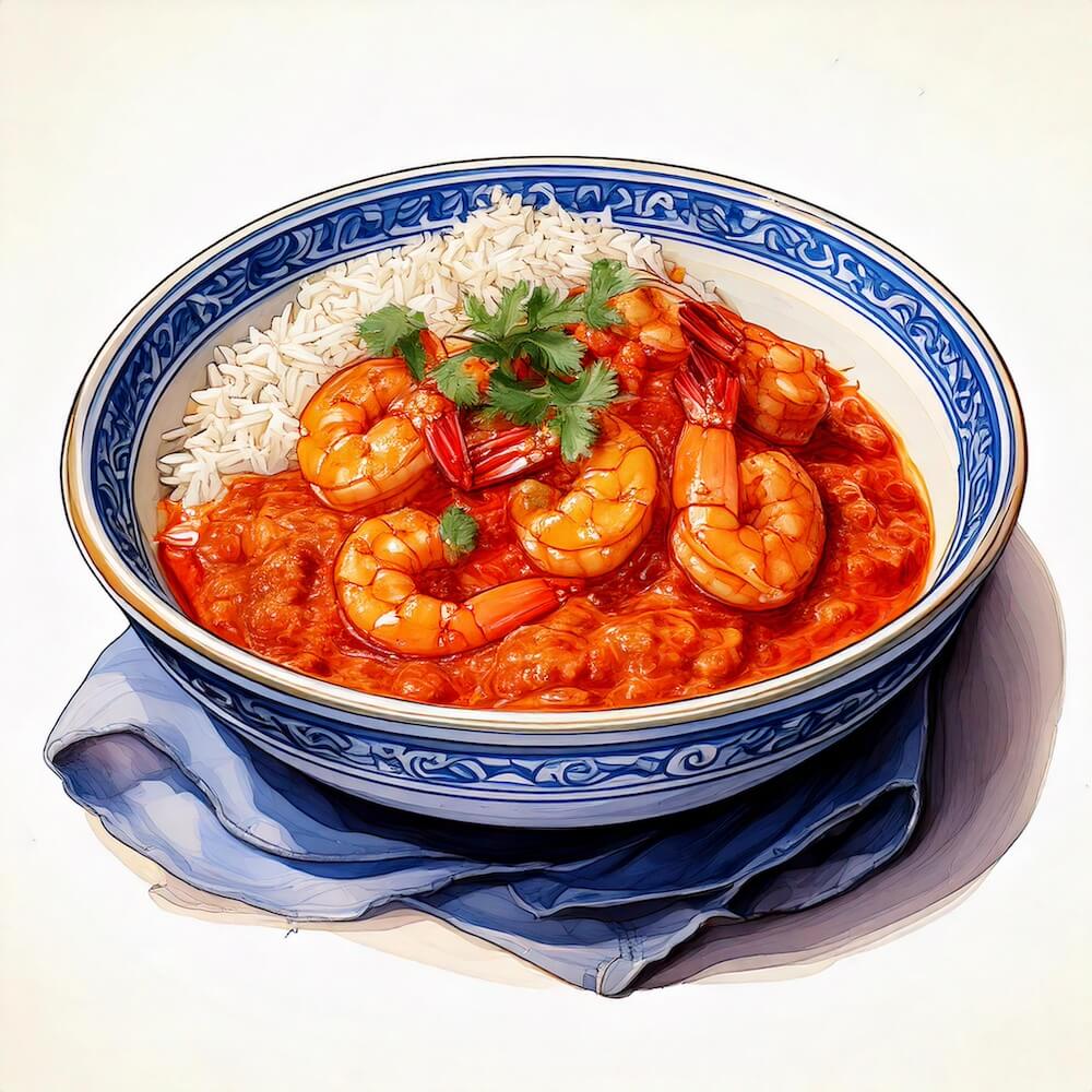 Watercolour sketch of a bowl of prawn tikka masala with pilau rice