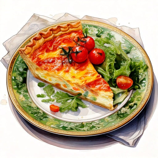 Watercolour sketch of a quiche lorraine with cherry tomato and mixed leaf salad