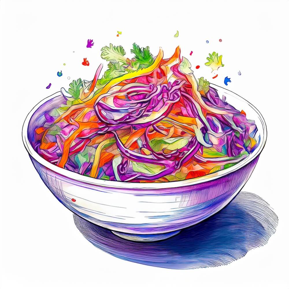 Watercolour sketch of a bowl of rainbow slaw