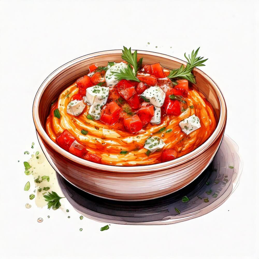 Watercolour sketch of a bowl of red pepper and feta dip