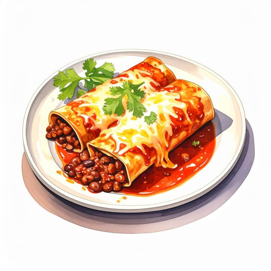 Refried bean Enchiladas topped with smokey tomato sauce and melted cheese (v)