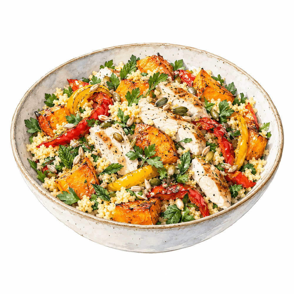 Roast pumpkin and chicken couscous salad with peppers and toasted seeds