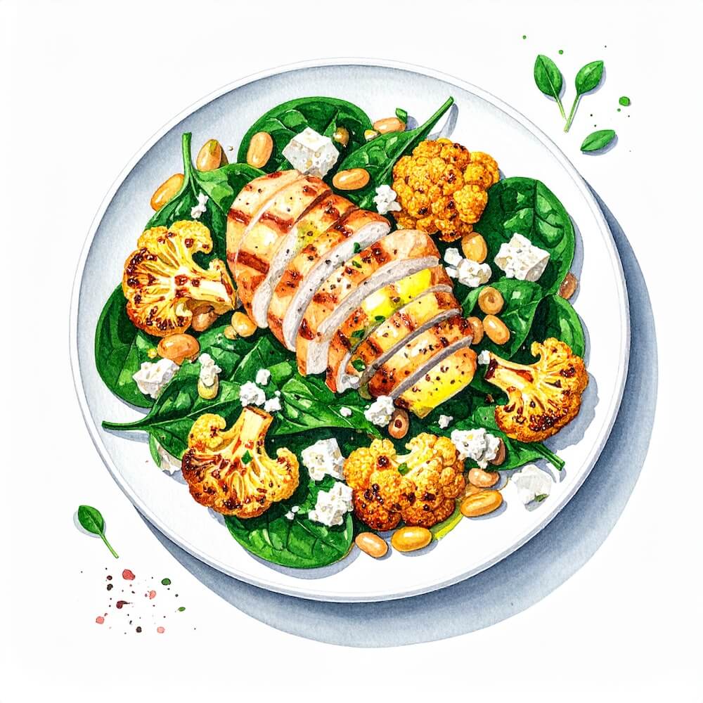 Roasted cauliflower, butter bean, spinach and feta salad topped with grilled chicken and a lemon dressing (gf)
