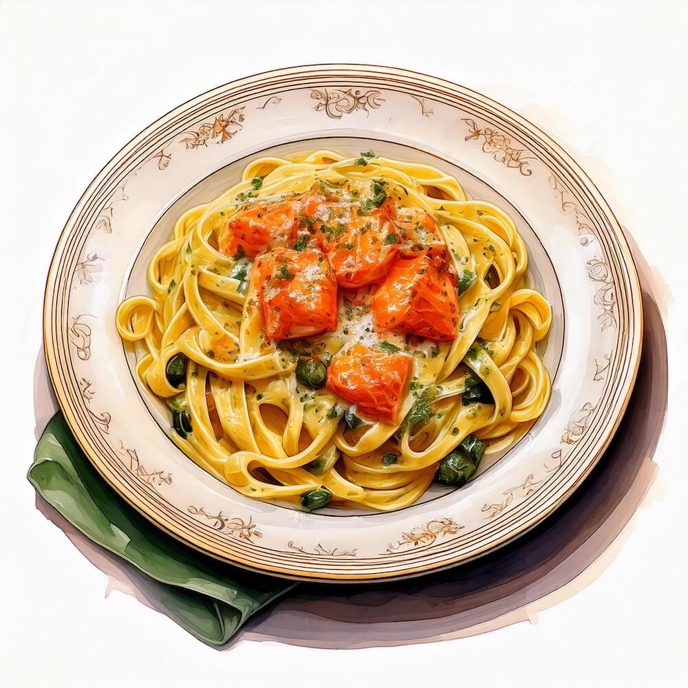 Watercolour sketch of a bowl of creamy salmon spinach and caper bucatini