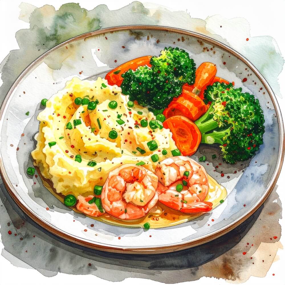 Salmon and prawn fish pie with steamed broccoli and carrots