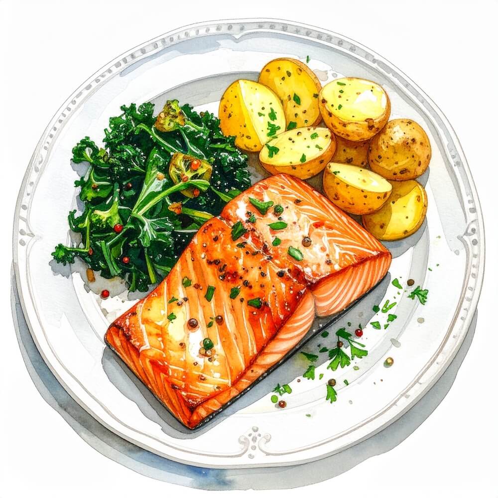 Caper and dijon salmon fillet with olive oil crushed new potatoes and greens (gf)