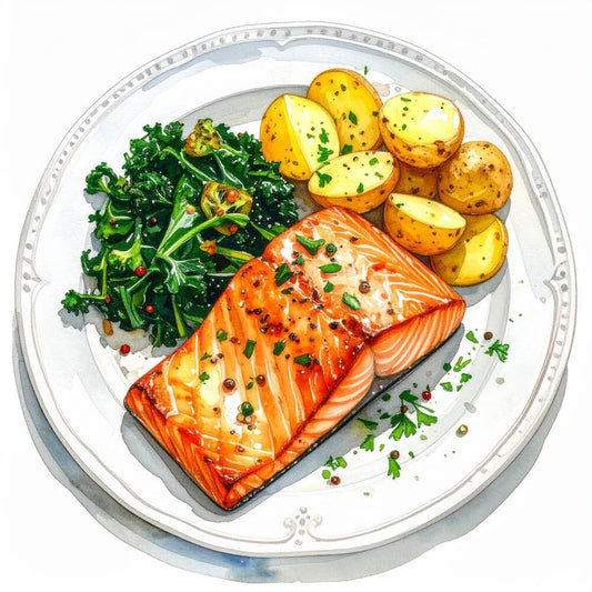 Caper and dijon salmon fillet with olive oil crushed new potatoes and greens (gf)