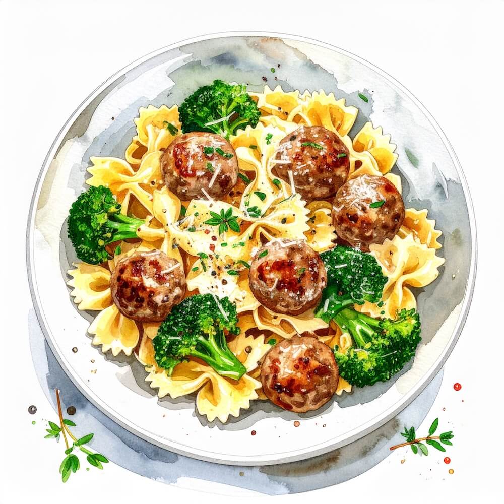 House sausage meatballs with charred broccoli and farfalle