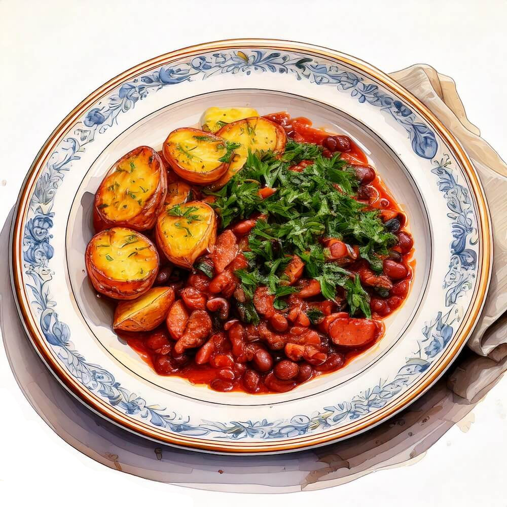 Watercolour sketch of a plate of sausage and black eyed bean casserole with rosemary garlic roast potatoes and wilted greens