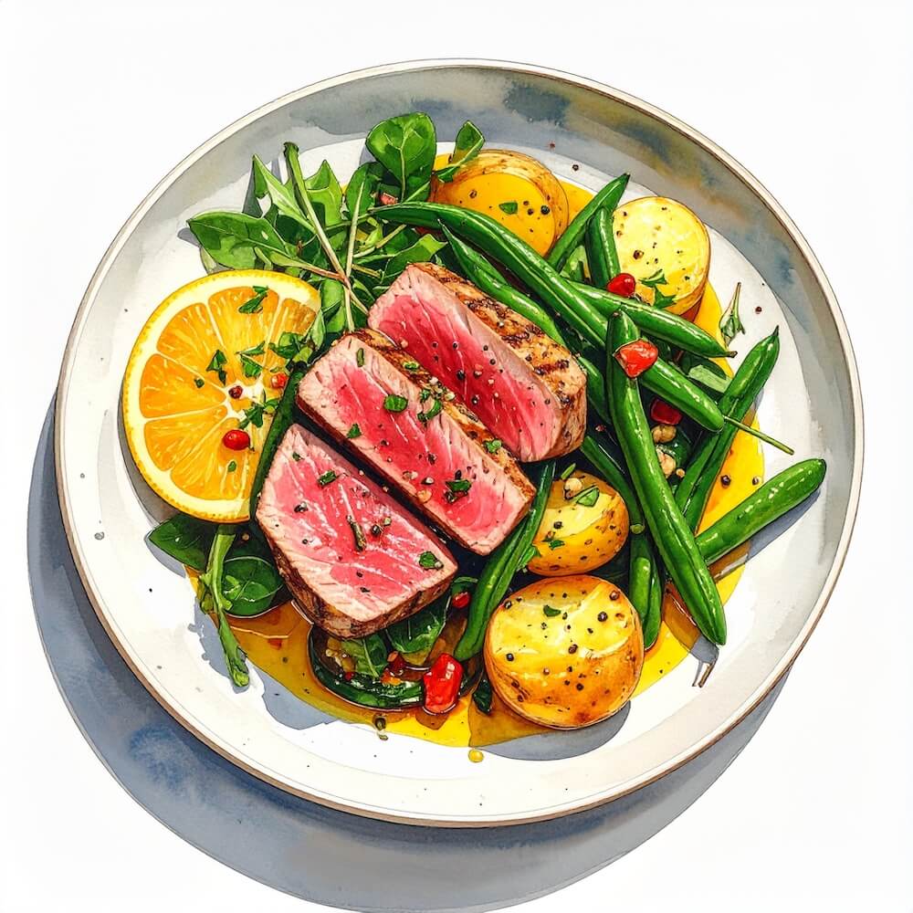 Pan seared tuna steak salad with runner beans, new potatoes and citrus dressing (gf)