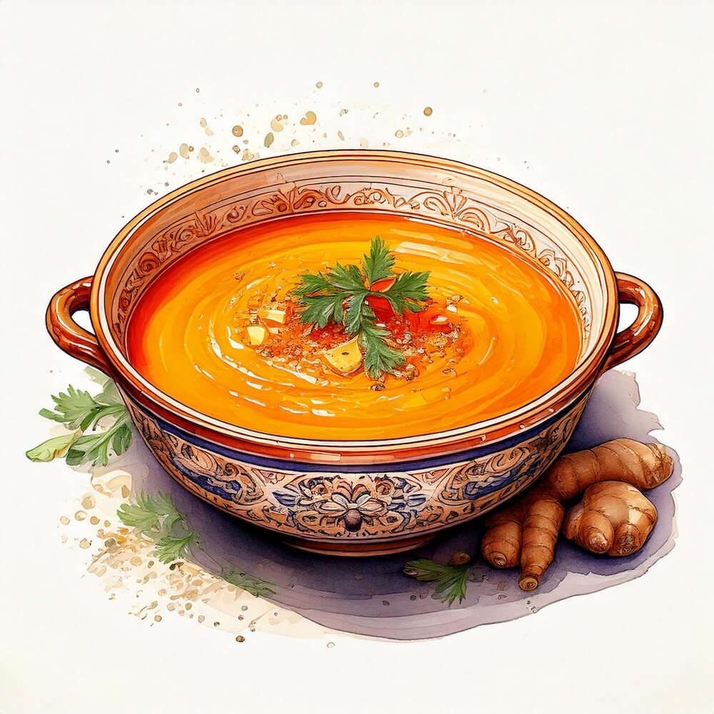 Watercolour sketch of a bowl of carrot and ginger soup
