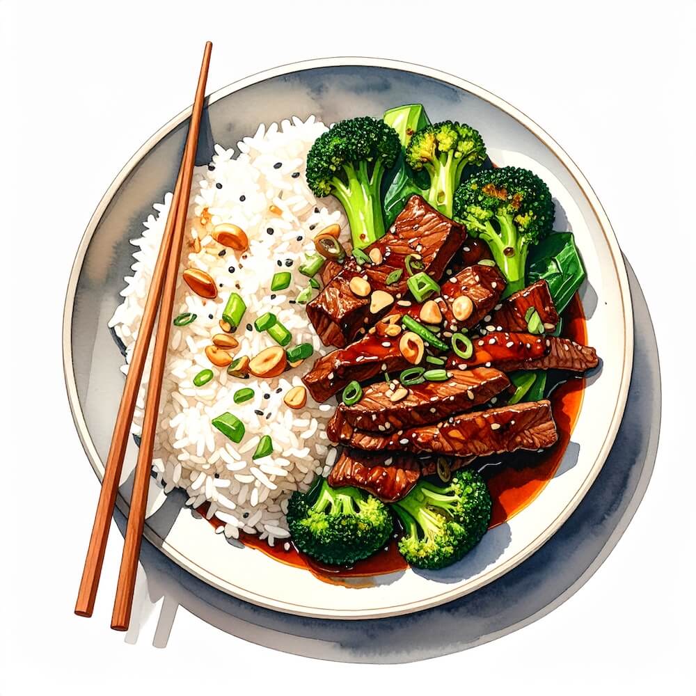Beef and brocolli, steamed rice, peanuts and asian greens
