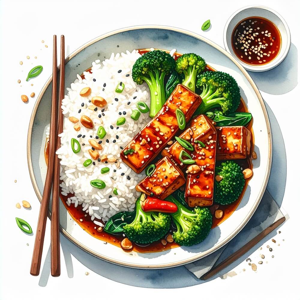 Soy tofu and broccoli, steamed rice, peanuts and asian greens (v)
