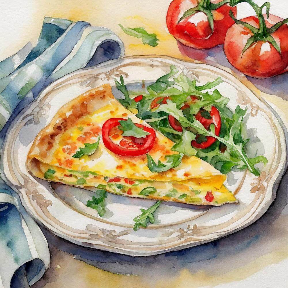 Watercolour sketch of a white and brown decorative plate with a napkin roughly folded underneath and two tomatoes on the vine to the side. The plate contains a slice of Spanish omelette with a bell pepper and rocket salad