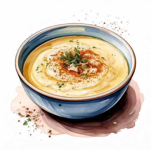 Watercolour sketch of a bowl of spiced cauliflower soup