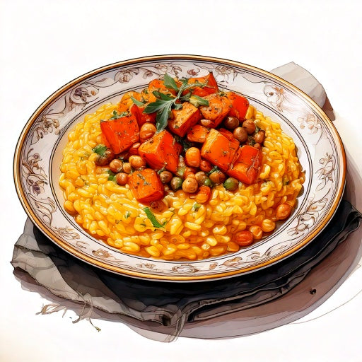 Creamy butternut squash and sage risotto topped with roasted squash and chickpeas (gf) (v)
