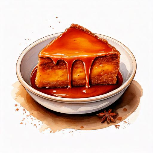 Watercolour sketch of a bowl of sticky date and toffee pudding with caramel sauce