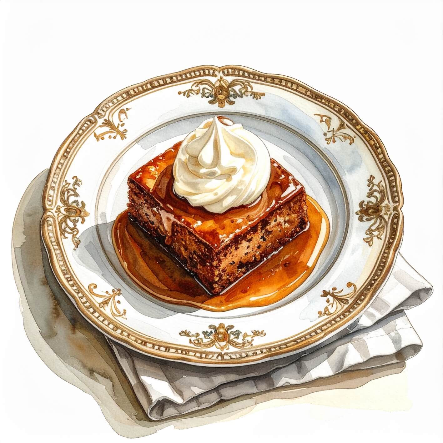 Watercolour sketch of a plate of sticky toffee pudding with creme anglaise
