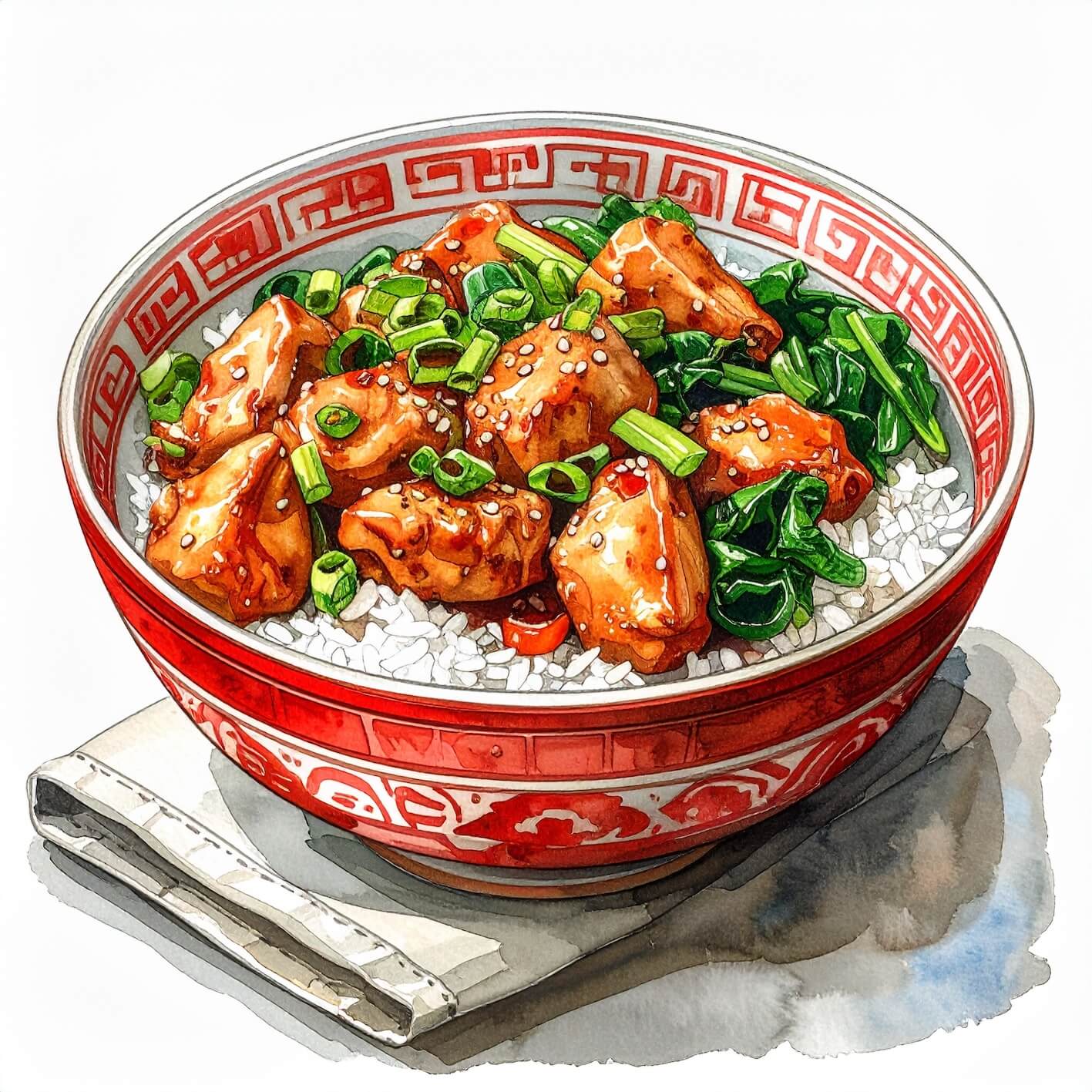 Watercolour sketch of a bowl of stir fried soy chicken with greens, steamed rice and spring onions