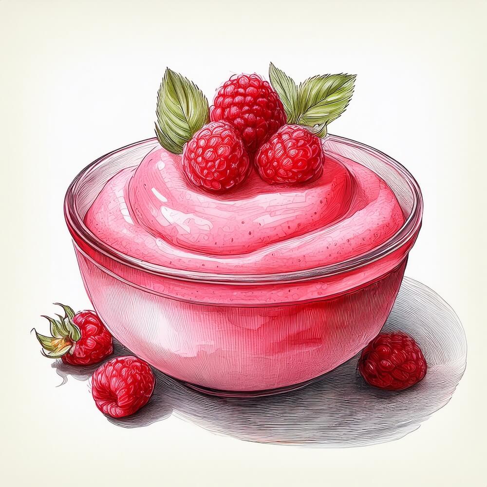 Watercolour sketch of a bowl of strawberry mousse with raspberries on top and scattered around the bowl